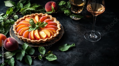 Fresh peach tart on a dark table with drinks and leaves in a cozy setting