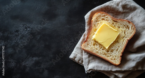 Slices of bread stacked on a cloth with butter melted on top in a kitchen set...