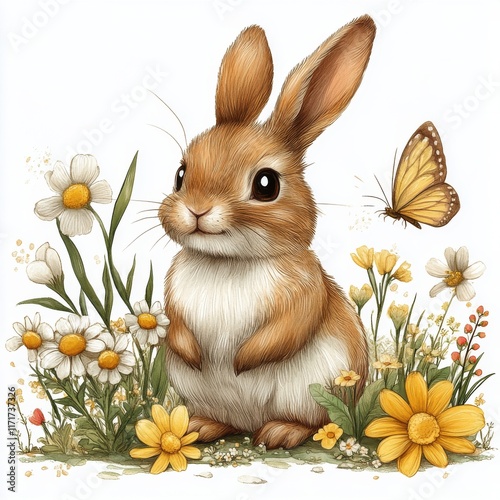 Cute forest animals exploring a vibrant garden full of flowers and greenery i...
