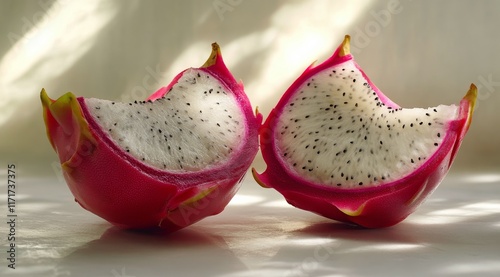 Vividly sliced dragon fruit revealing bright pink flesh and black seeds