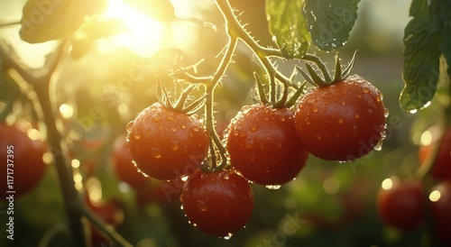 Fresh ripe tomatoes hanging on vines in a sunlit garden with morning dew