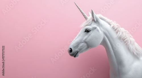 Charming unicorn figure with pink mane against a pastel pink background in a ...