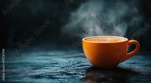 Warm cup of steaming coffee placed on a dark countertop during morning light