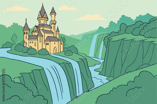 Fantasy Castle A majestic castle perched atop a cliff with waterfalls cascading into a lush valley below. The style is fantastical with intricate details and a magical color palette of greens, blues, 