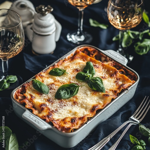 Savory lasagna served on a festive dining table with elegant glasses and fres...