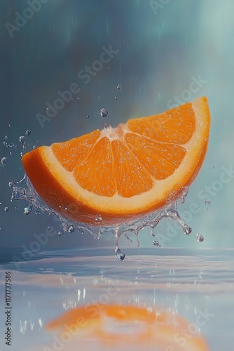 Floating orange slice surrounded by bubbles in refreshing water droplets