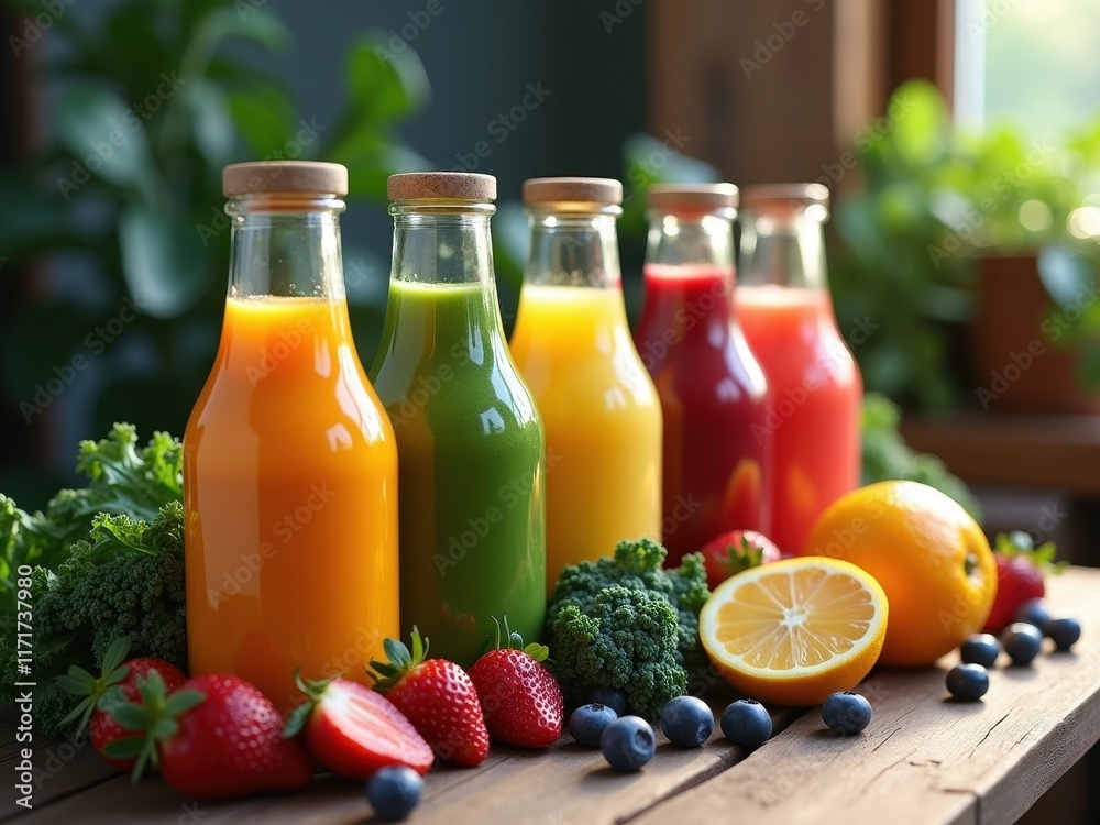 Freshly prepared juice bottles lined up on a wooden table surrounded by vibrant fruits and greens in a cozy indoor setting Freshly prepared juice bottles lined up on a wooden table surrounded by vibrant fruits and greens in a cozy indoor setting