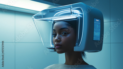 Robotic hairdresser in a beauty salon of the future, a dark-skinned woman sits under a square high-tech “cap” with interactive screens, the robot hairdresser automatically selects the ideal haircut