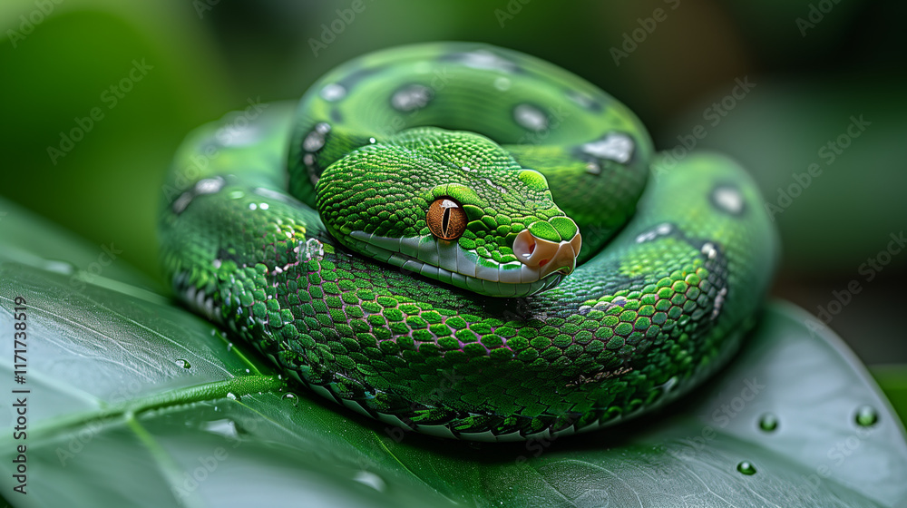 Fototapeta premium green tree python. Elegant green snake with a hypnotic gaze and textured scales, symbolizing the Year of the Snake in the Chinese zodiac. A captivating and exotic creature of nature.