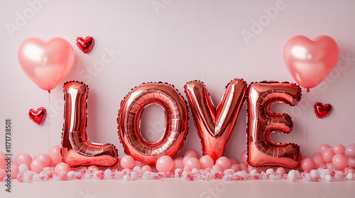 Shiny pink balloons spell the word love surrounded by light pink hearts banner