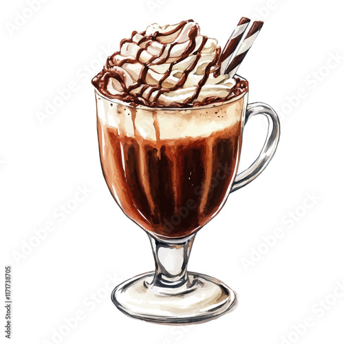 A watercolor vector painting of a cup of spiked hot chocolate, isolated on a white background. Spiked Hot Chocolate vector.

