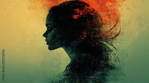 Silhouette portrait of a woman with textured artistic background blending warm and cool colors, evoking a sense of mystery and introspection in abstract art style