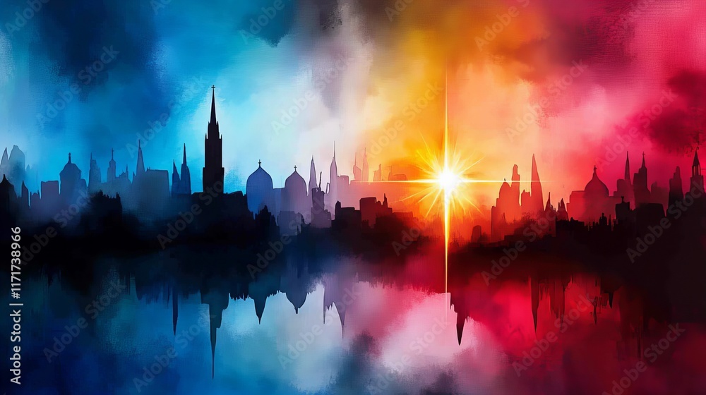 Fototapeta premium Silhouette of a city reflected in water, vibrant sunset colors dominate the sky. A beautiful, artistic cityscape.