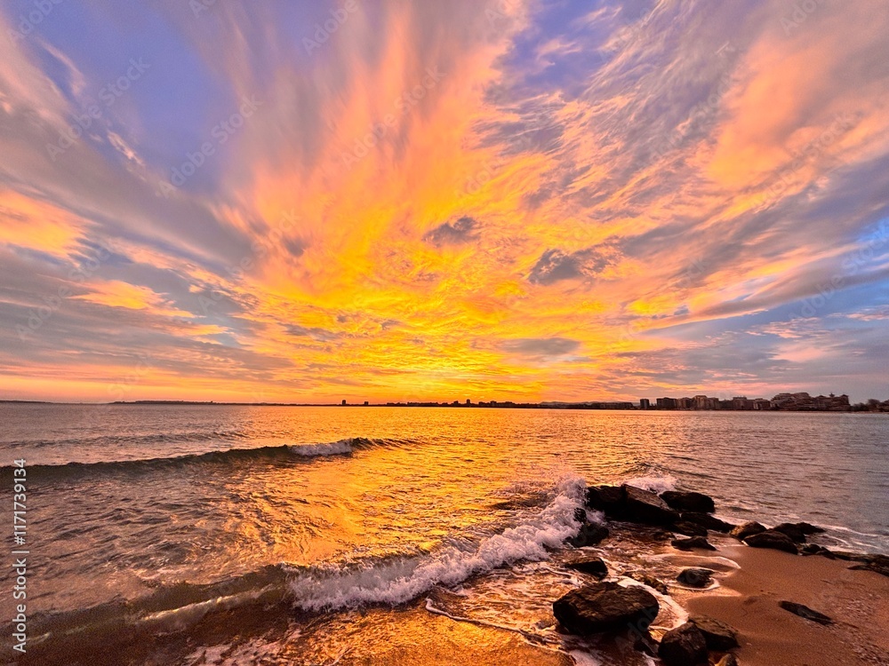an amazing orange sunset over the sea in Nesebar in Bulgaria an amazing orange sunset over the sea in Nesebar in Bulgaria