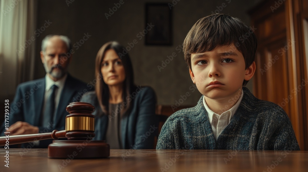 Cute child and mother at table with gavel of judge blurred in background, family law concept Cute child and mother at table with gavel of judge blurred in background, family law concept