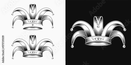 Jester tomfool hat. Design element for harlequin, clown costume, dress. Mardi Gras tradition colors. Detailed illustration in vintage style.