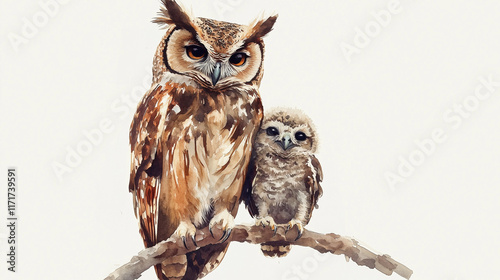 Watercolor illustration of an owl and owlet perched on a branch with soft natural tones