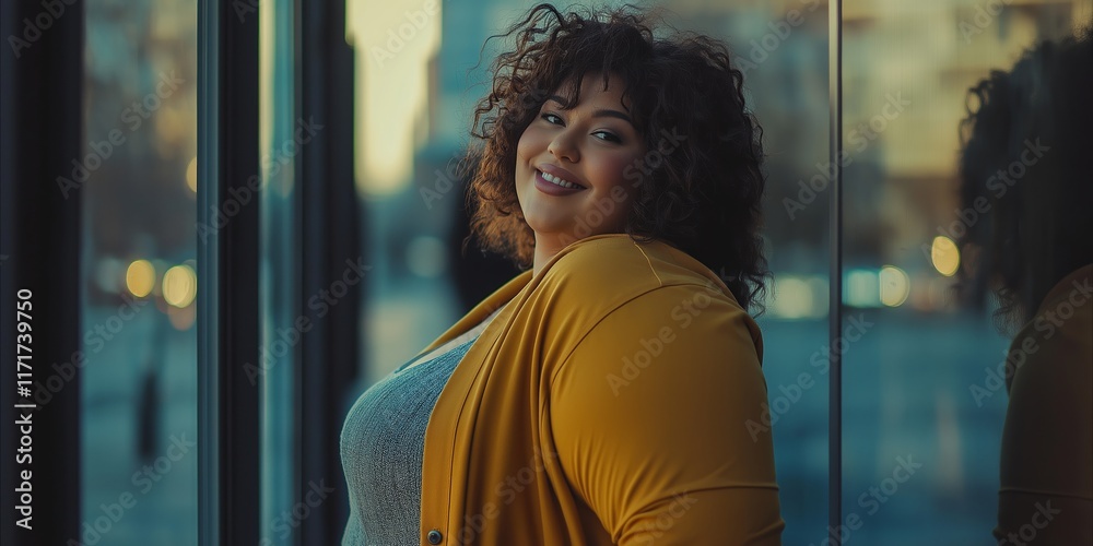 A joyful woman with curly hair smiles brightly in an urban setting, embodying confidence and grace. A joyful woman with curly hair smiles brightly in an urban setting, embodying confidence and grace.