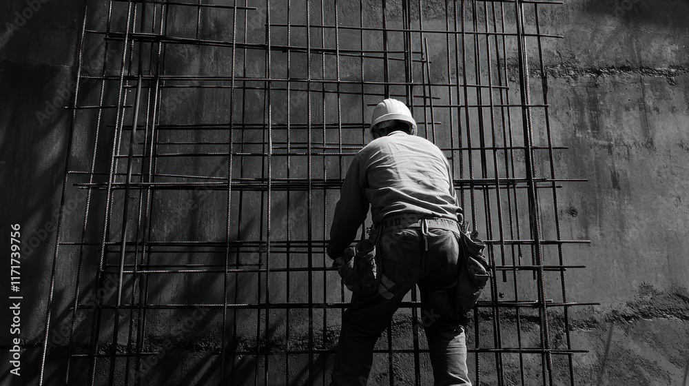 Fototapeta premium Construction worker installing rebar mesh against a concrete wall.