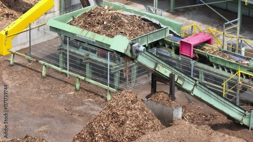 Wood sawmill, machinery for processing wood. Processing plant. Production of Wood Chips for shipment