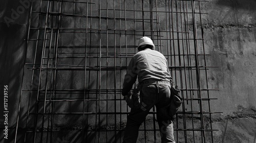 Wallpaper Mural Construction worker installing rebar mesh against a concrete wall. Torontodigital.ca