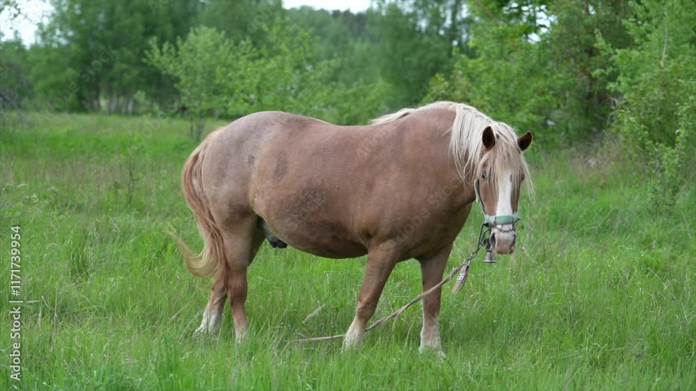 A single brown horse on a green field during a sunny day. Eating Grass A single brown horse on a green field during a sunny day. Eating Grass