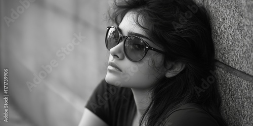 A contemplative girl wearing oversized sunglasses poses thoughtfully in monochrome. photo