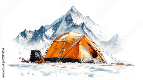 Mountaineering camp: High altitude camp with colorful tents set up on glacier surrounded by towering peaks and ropes for safety isolated on white background. photo