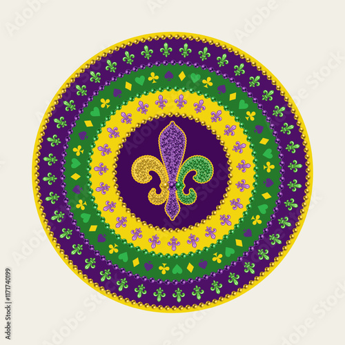 Mardi Gras circular striped pattern with Fleur de lis sign, cards suit symbols, bead strings. White background. Vintage illustration for prints, holiday goods decoration