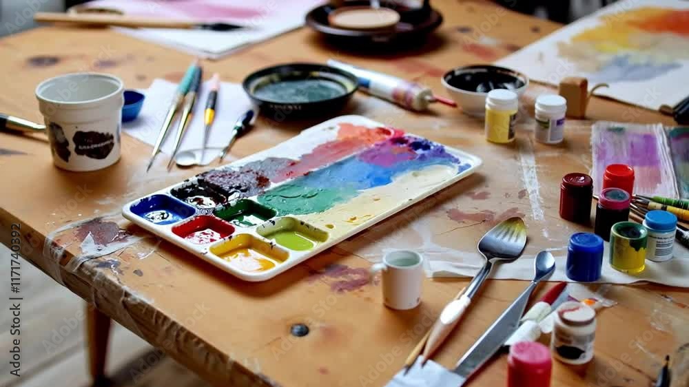 A paint palette resting on an artist�s table, ready for use. A paint palette resting on an artist�s table, ready for use.