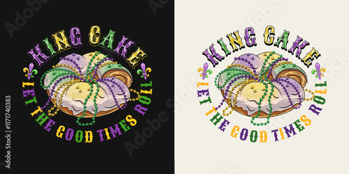 Circular Mardi Gras label with traditional king cake, fleur de Lis sign, text. For prints, clothing, t shirt, surface design. Vintage illustration style