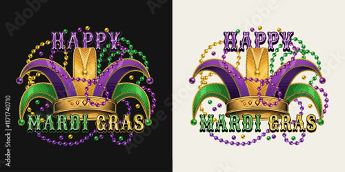 Mardi Gras emblem with jester harlequin tomfool hat, intertwined interlaced strings of beads, text. Holiday composition in vintage style.