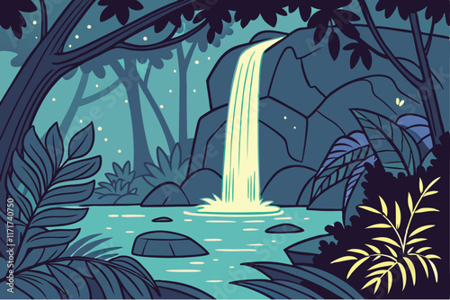 Fantasy jungle with a glowing waterfall pouring into a radiant pool, illuminated by bioluminescent plants and magical fireflies