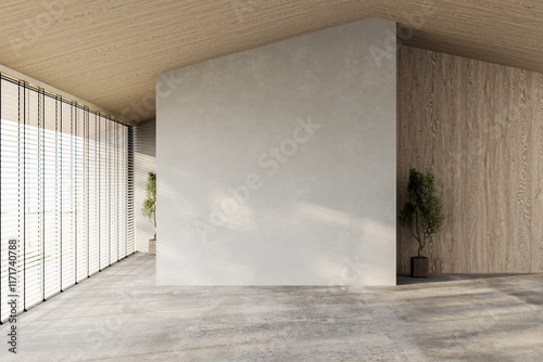 Modern contemporary loft empty room with nature view. There are wooden ceiling and blank concrete wall for copy space