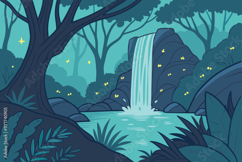 Fantasy jungle with a glowing waterfall pouring into a radiant pool, illuminated by bioluminescent plants and magical fireflies