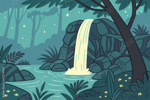 Fantasy jungle with a glowing waterfall pouring into a radiant pool, illuminated by bioluminescent plants and magical fireflies