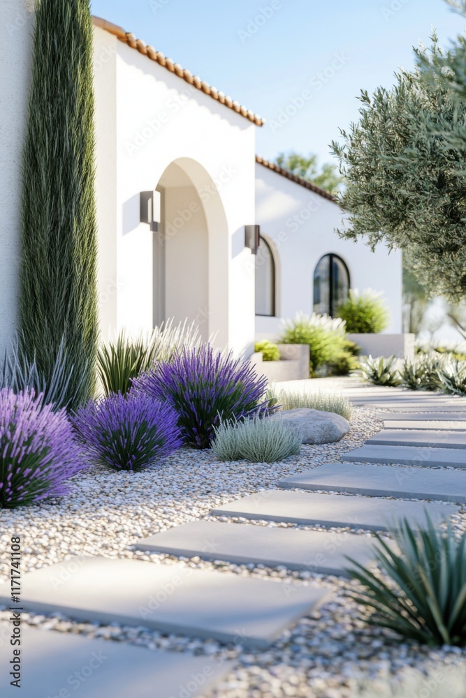 Naklejka premium A picturesque garden pathway adorned with an array of vibrant plants, all set within a contemporary architectural backdrop under the radiant daylight