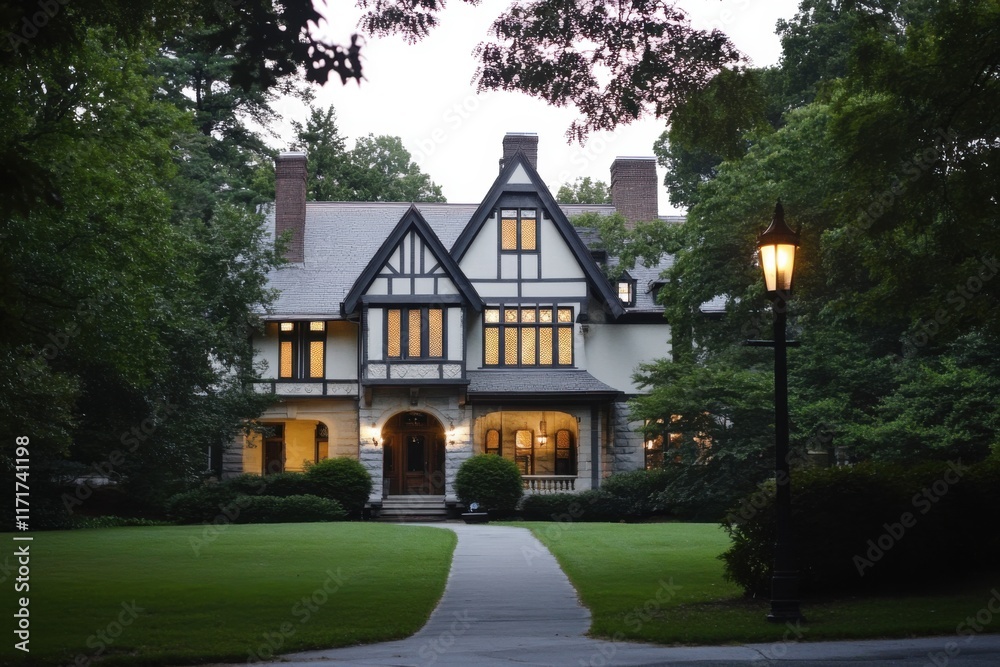 A stunning Tudor-style house glows softly in the evening light, nestled amidst vibrant, lush greenery in a peaceful residential area A stunning Tudor-style house glows softly in the evening light, nestled amidst vibrant, lush greenery in a peaceful residential area