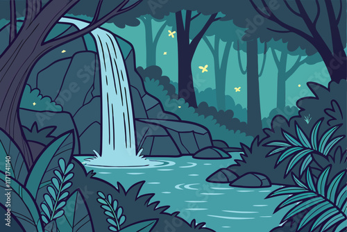 Fantasy jungle with a glowing waterfall pouring into a radiant pool, illuminated by bioluminescent plants and magical fireflies