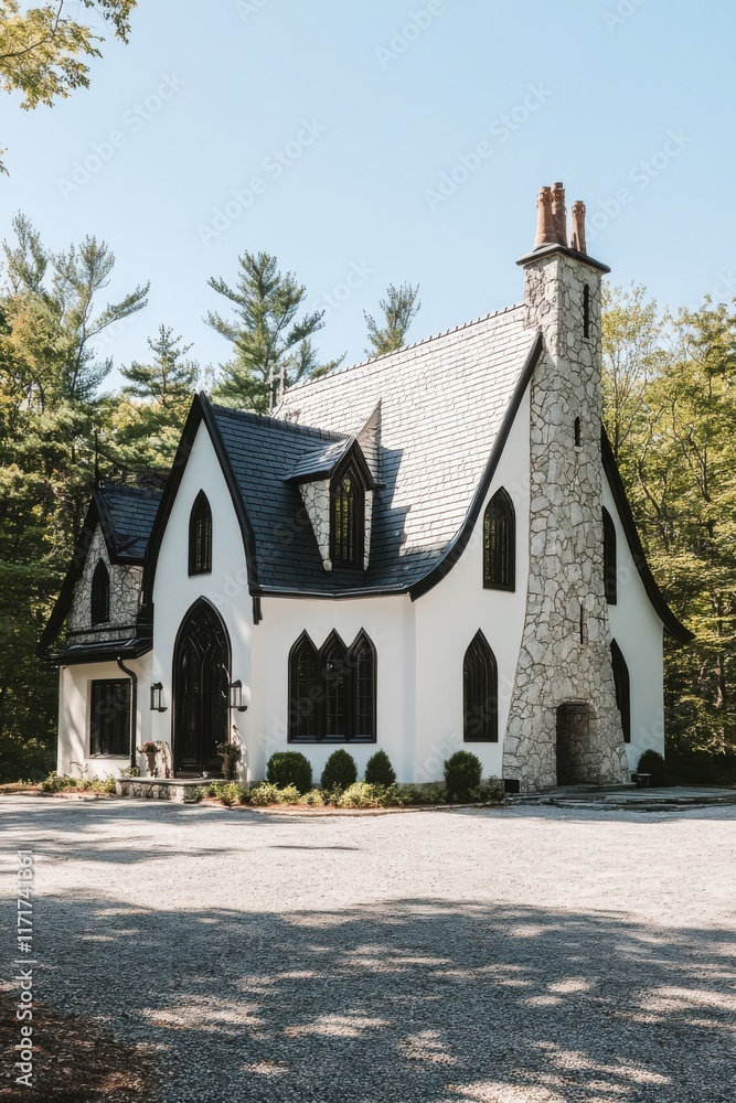 Fototapeta premium Historic gothic-style chapel surrounded by trees in a tranquil rural setting, showcasing intricate architecture and charming details in bright daylight