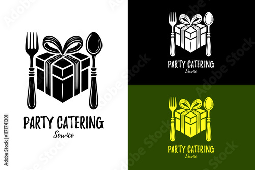 illustration of a gift box with fork and spoon, icon, party menu, cuisines, party catering, catering service, caterer, anniversary, business meeting, birthday, decoration, vector, abstract logo