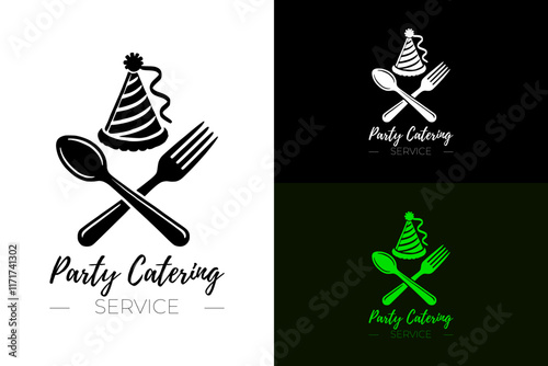illustration of a party hat with fork and spoon, party catering logo, causal catering, wedding catering, business, party decoration, birthday, anniversary, vector, silhouette