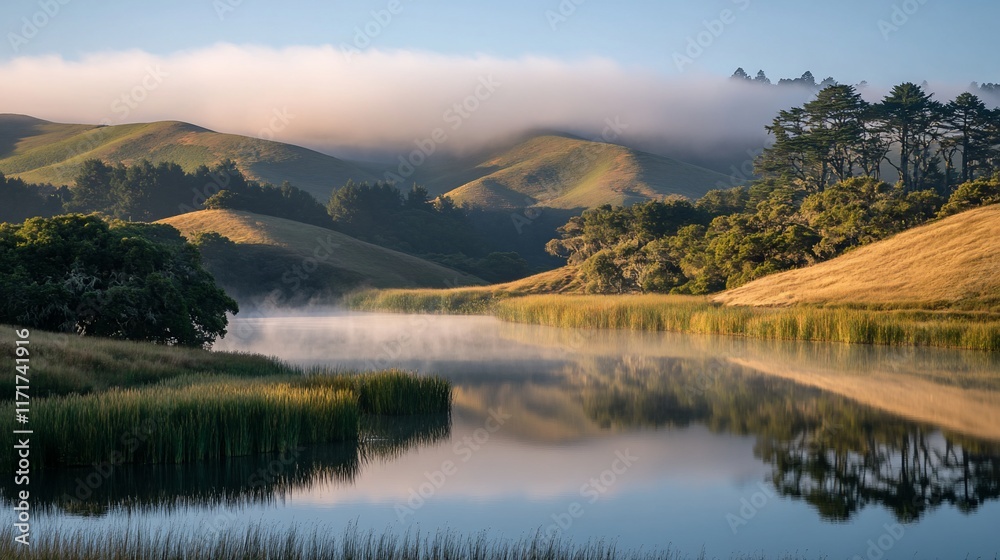 Serene sunrise over misty lake reflecting rolling hills and lush vegetation. Serene sunrise over misty lake reflecting rolling hills and lush vegetation.