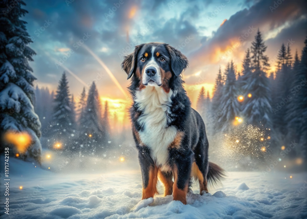 A Bernese Mountain Dog, surreal snow, winter wonderland magic. A Bernese Mountain Dog, surreal snow, winter wonderland magic.