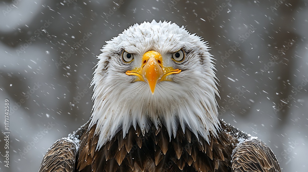 Close-up of a bald eagle's intense gaze during a snowstorm. Close-up of a bald eagle's intense gaze during a snowstorm.