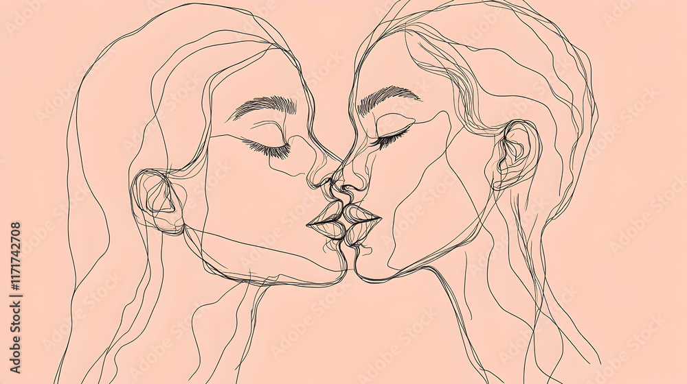 Two abstract figures sharing an intimate kiss against a soft pink background, showcasing the beauty of connection and tenderness Two abstract figures sharing an intimate kiss against a soft pink background, showcasing the beauty of connection and tenderness