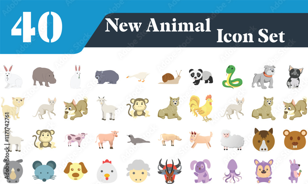 Fototapeta premium Cute animal isolated objects set. Collection of horse, fox, bear, toucan, raccoon, sloth, elephant, monkey and lion, rabbit, turtle, walrus. Illustration of design elements in flat cartoon