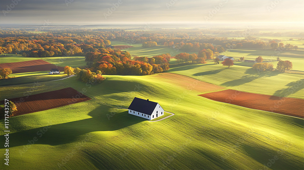 Fototapeta premium Panoramic view of beautiful European countryside with green hills, aerial drone camera view 