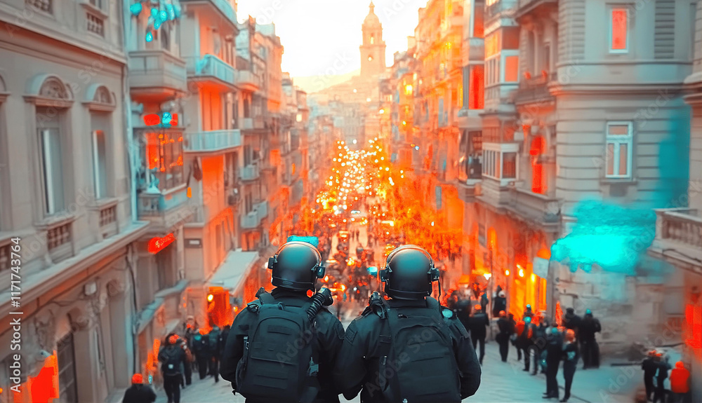 Obraz premium Police, special regiments patrolling city area.