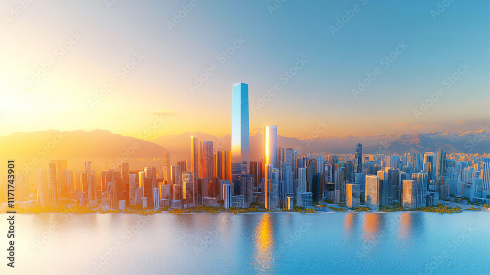 Obraz premium Modern city with skyscrapers at sunset with beautiful reflection in sea water 